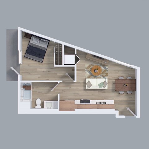 Floor plan for 1 bed, 1 bath, 637 sqft